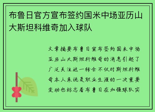 布鲁日官方宣布签约国米中场亚历山大斯坦科维奇加入球队