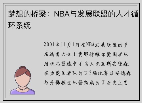 梦想的桥梁：NBA与发展联盟的人才循环系统
